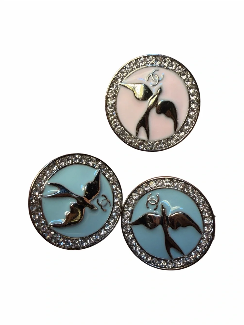 CHANEL Pastel Bird Crystal-Trim Button Trio - Blue & Pink